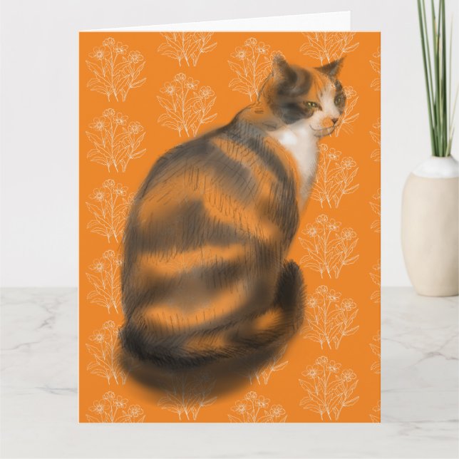 Marmalade cat wit floral background card (Front)