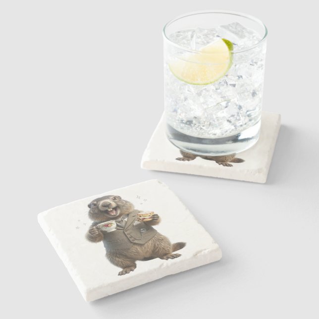 Marmot Drinking Tea Stone Coaster (Side)