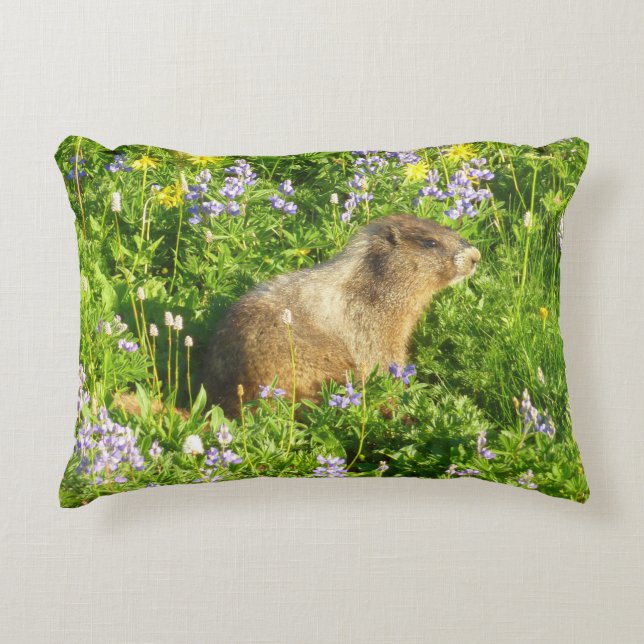 Marmot in Mount Rainier Wildflowers Accent Pillow (Front)