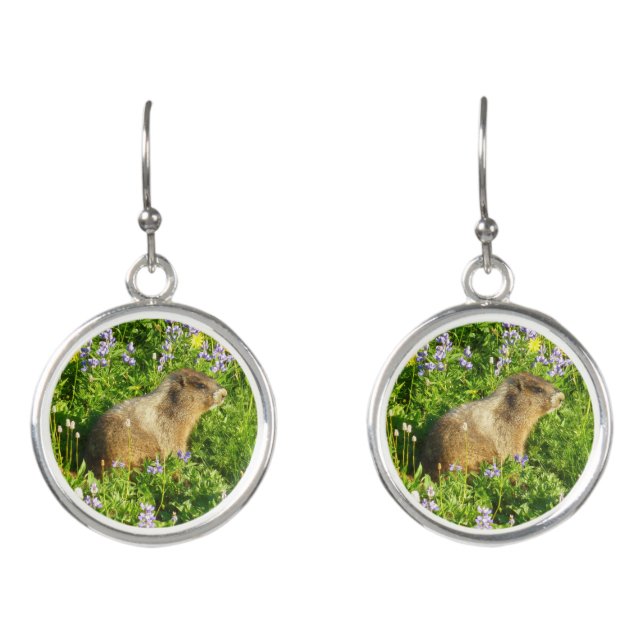 Marmot in Mount Rainier Wildflowers Earrings (Front)