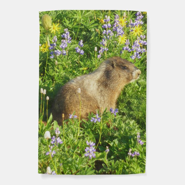 Marmot in Mount Rainier Wildflowers Garden Flag (Front)