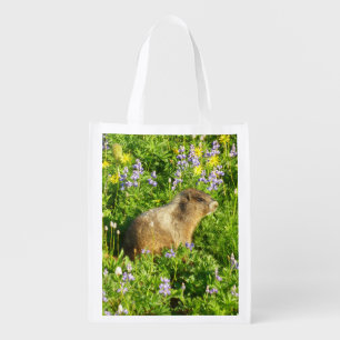 Marmot in Mount Rainier Wildflowers Grocery Bag