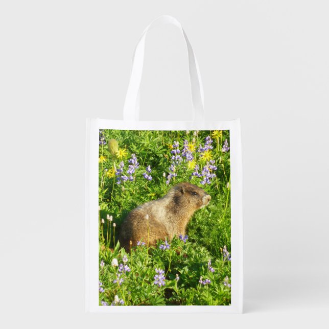 Marmot in Mount Rainier Wildflowers Grocery Bag (Front)