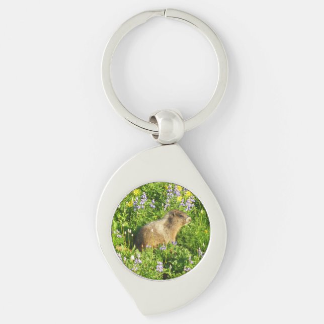 Marmot in Mount Rainier Wildflowers Keychain (Front)