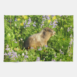 Marmot in Mount Rainier Wildflowers Kitchen Towel
