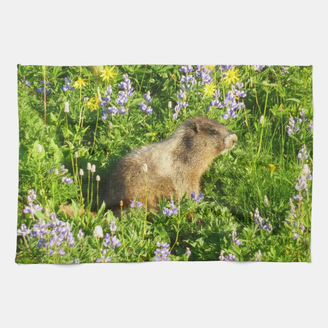 Marmot in Mount Rainier Wildflowers Kitchen Towel (Horizontal)