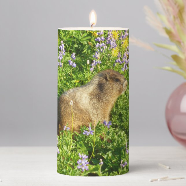 Marmot in Mount Rainier Wildflowers Pillar Candle (In Situ)