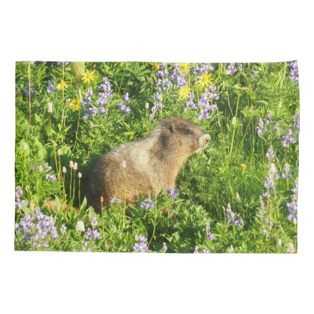 Marmot in Mount Rainier Wildflowers Pillow Case (Back)