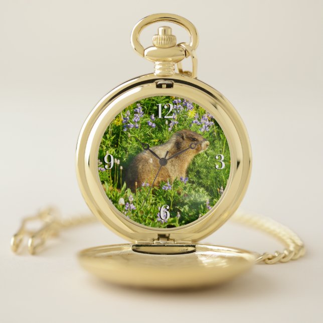 Marmot in Mount Rainier Wildflowers Pocket Watch (Inside)