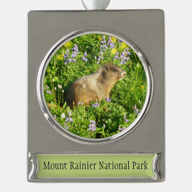 Marmot in Mount Rainier Wildflowers Silver Plated Banner Ornament (Front)