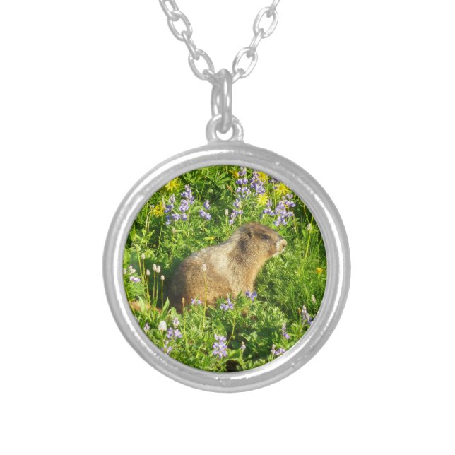 Marmot in Mount Rainier Wildflowers Silver Plated Necklace (Front)