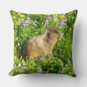 Marmot in Mount Rainier Wildflowers Throw Pillow