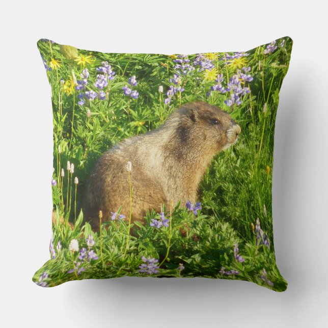 Marmot in Mount Rainier Wildflowers Throw Pillow (Front)