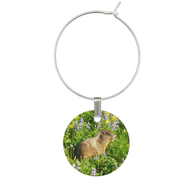 Marmot in Mount Rainier Wildflowers Wine Charm (Front)