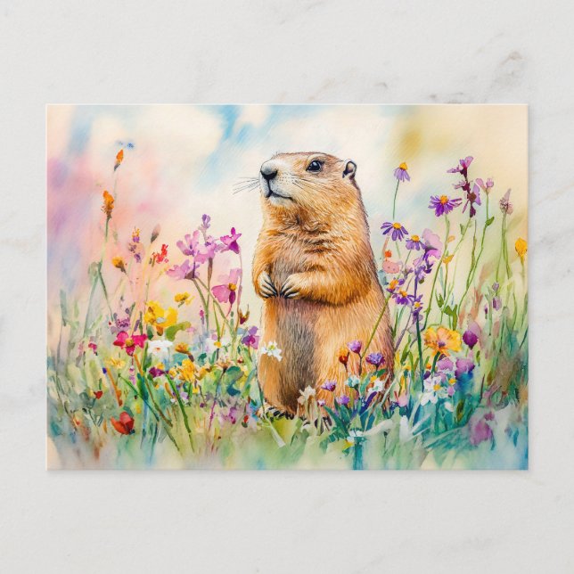Marmot on a flower meadow watercolor painting postcard (Front)