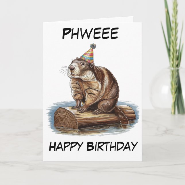 marmot wearing birthday hat sitting on log card (Front)