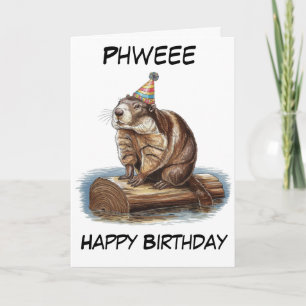 marmot wearing birthday hat sitting on log card