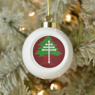 Maronite Church Cross and Cedar of Lebanon Ceramic Ball Christmas Ornament