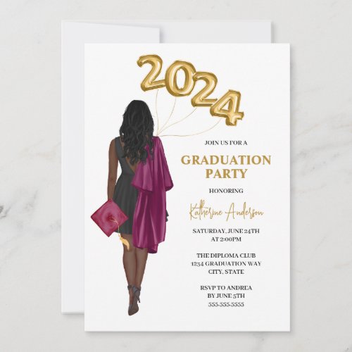Maroon African American Female Graduation Party Invitation