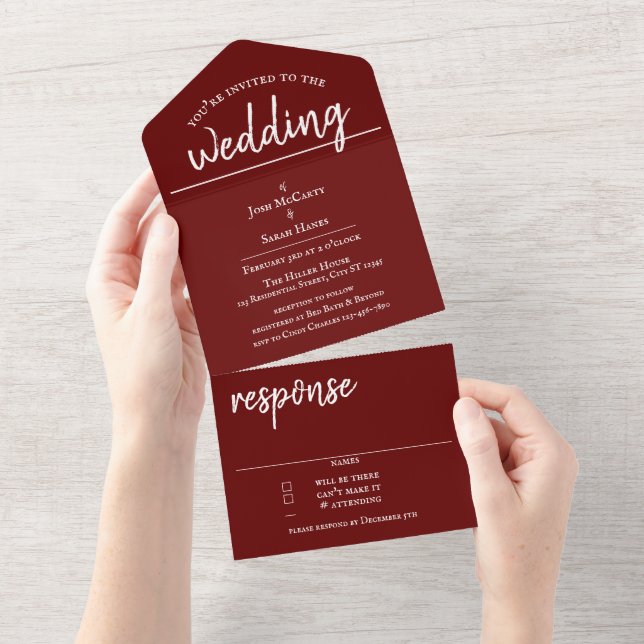 Maroon All in One Wedding Invite (Tearaway)