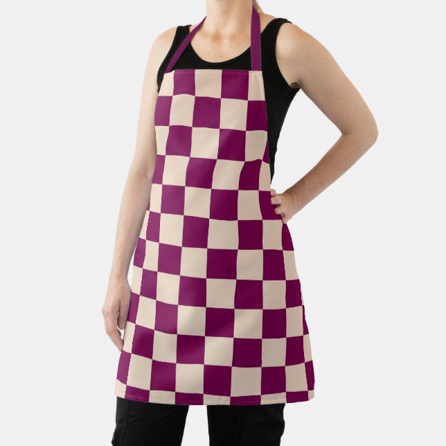 Maroon and beige checkerboard pattern apron (Insitu)