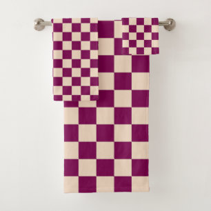Maroon and beige checkerboard pattern bath towel set
