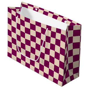 Maroon and beige checkerboard pattern large gift bag