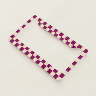 Maroon and beige checkerboard pattern license plate frame