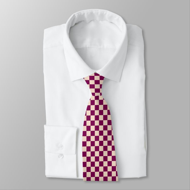 Maroon and beige checkerboard pattern neck tie (Tied)