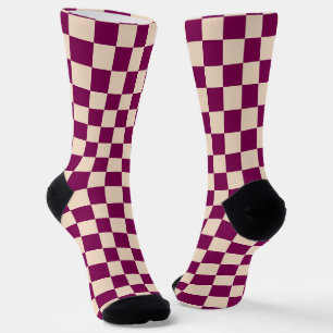 Maroon and beige checkerboard pattern socks