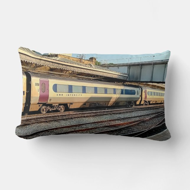 Maroon and beige train  lumbar pillow (Front)