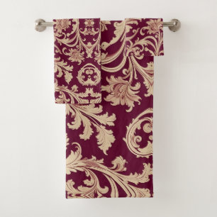 Maroon and Beige Vintage Pattern Bath Towel Set