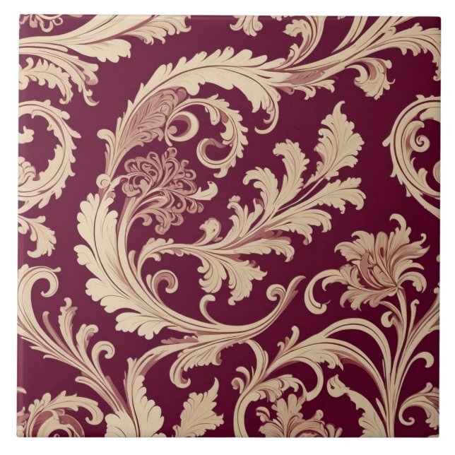 Maroon and Beige Vintage Pattern  Ceramic Tile (Front)