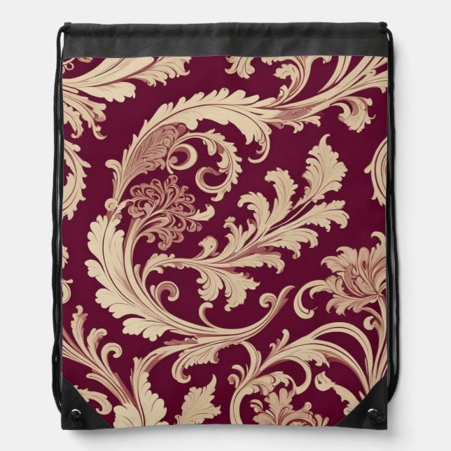 Maroon and Beige Vintage Pattern  Drawstring Bag (Front)