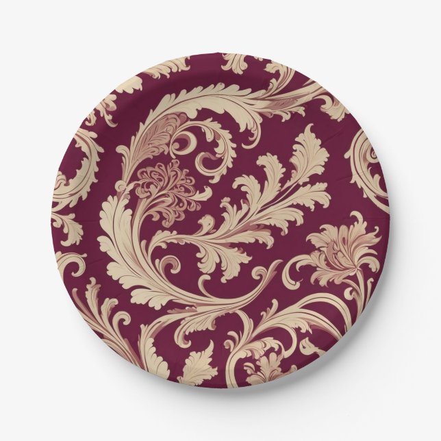 Maroon and Beige Vintage Pattern  Paper Plates (Front)