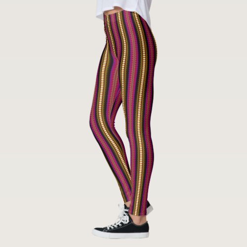 Maroon and Brown Decorated Stripes Leggings