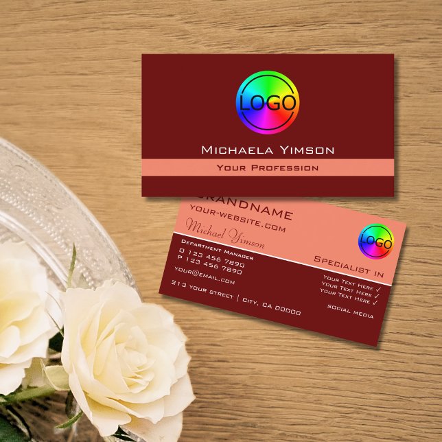 Maroon and Coral Classic with Logo Professional Business Card (Creator Uploaded)