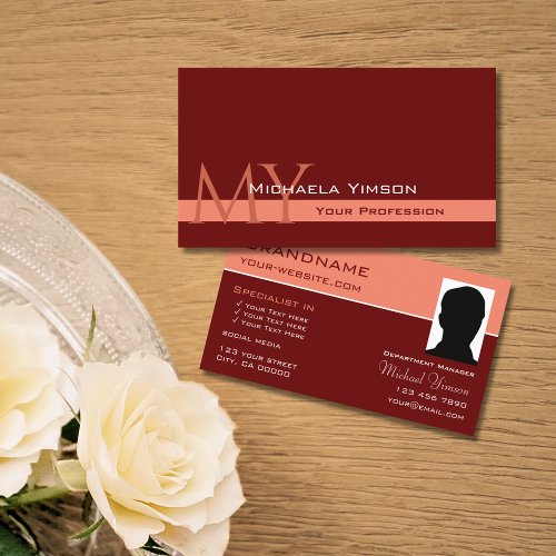 Maroon and Coral Modern with Monogram and Photo Business Card