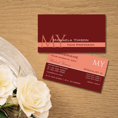 Maroon and Coral with Initials Professional Simple Business Card