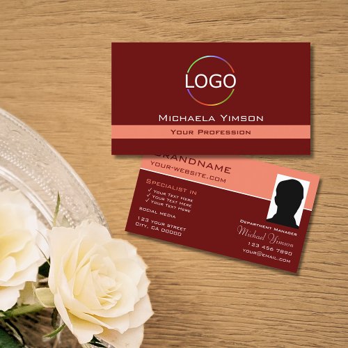 Maroon and Coral with Logo  Photo Professional Business Card
