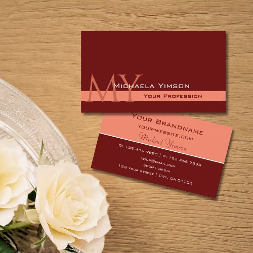 Maroon and Coral with Monogram Professional Simple Business Card
