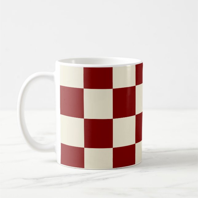 Maroon and Cream Large Checkerboard Pattern Coffee Mug (Left)