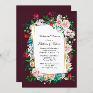 Maroon and Floral Frame Wedding Rehearsal Dinner Invitation