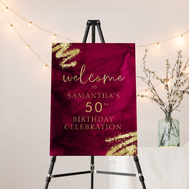 Maroon and Gold Birthday Welcome Foam Board 18x24 (In Situ (Stand))