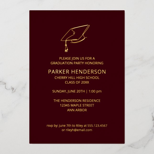 Maroon and Gold Cap Minimalist Graduation Party Foil Invitation (Front)