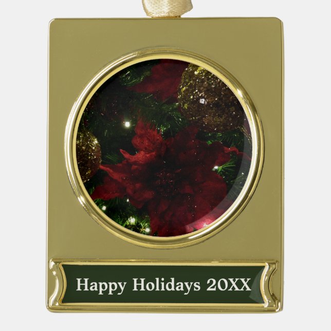 Maroon and Gold Christmas Tree Holiday Photo Gold  Plated Banner Ornament (Front)