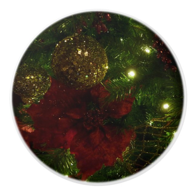 Maroon and Gold Christmas Tree I Holiday Photo Ceramic Knob (Front)