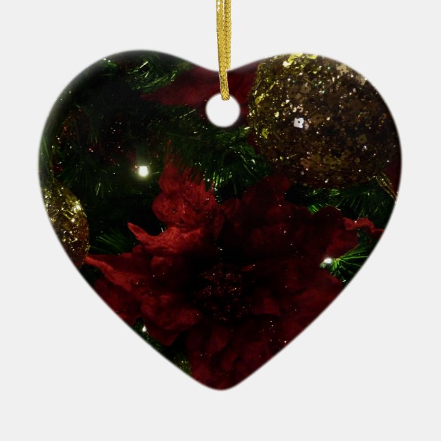 Maroon and Gold Christmas Tree I Holiday Photo Ceramic Ornament (Front)