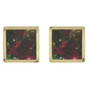Maroon and Gold Christmas Tree I Holiday Photo Cufflinks