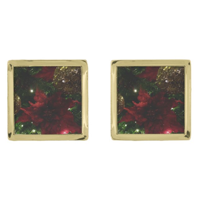 Maroon and Gold Christmas Tree I Holiday Photo Cufflinks (Front)